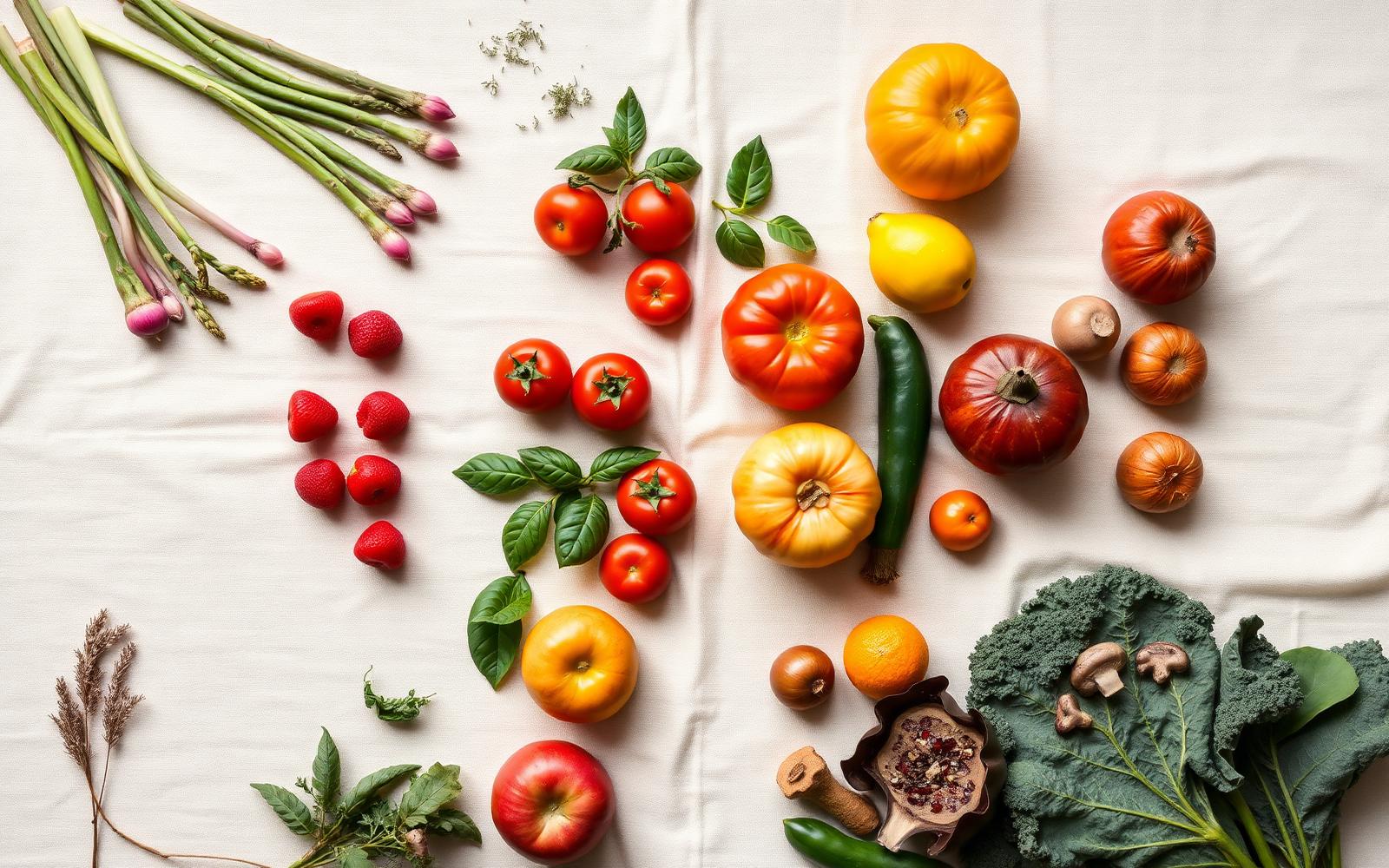 Seasonal fruits, vegetables and herbs on a warm linen tablecloth