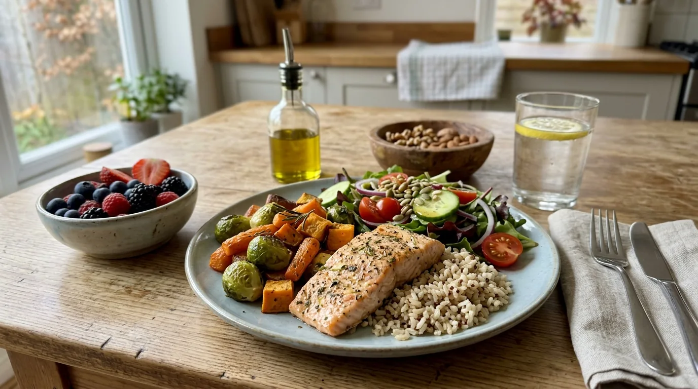 A balanced healthy meal with vegetables, whole grains, protein, fruit and unsaturated fats on a natural kitchen table